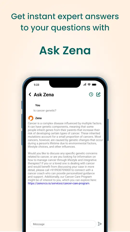 Ask Zena, 24/7 screen in the ZenOnco Cancer Care app