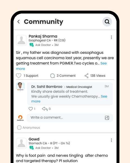 Community and survivor stories screen in the ZenOnco Cancer Care app