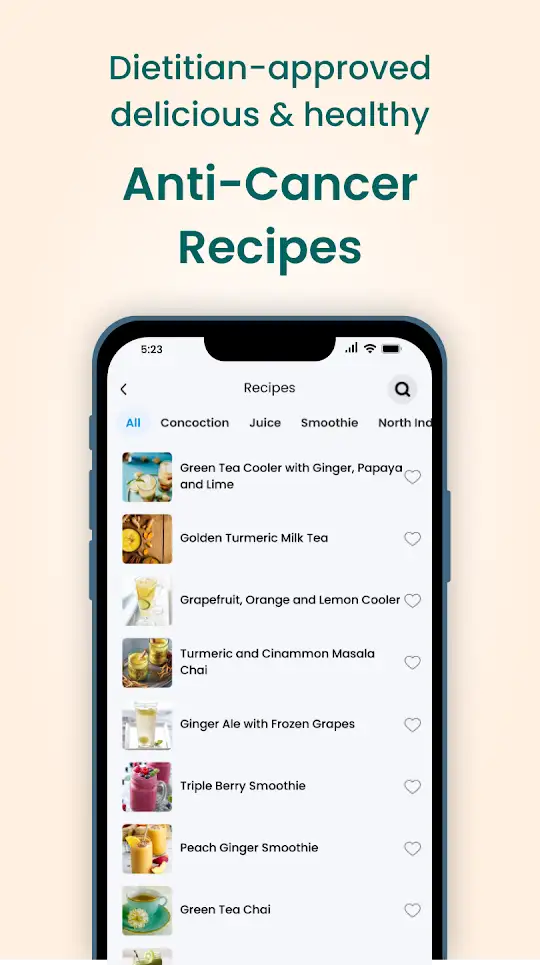 Recipes screen in the ZenOnco Cancer Care app