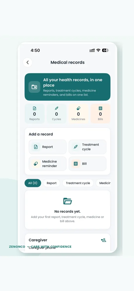 Medical records screen in the ZenOnco Cancer Care app