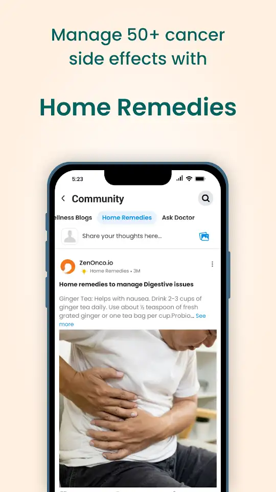 Symptom and side-effect management screen in the ZenOnco Cancer Care app