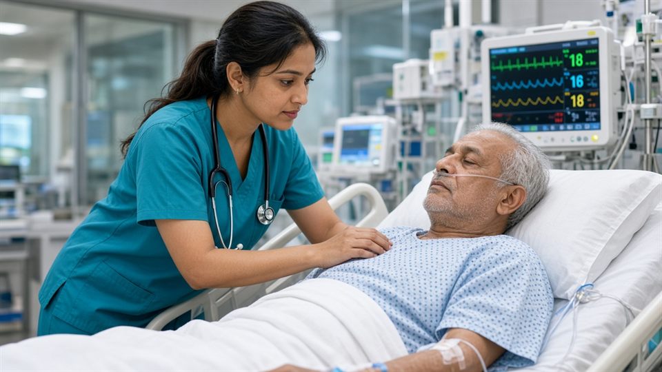 ICU nurse caring for a patient on monitors at a ZenHeal Cancer Hospital