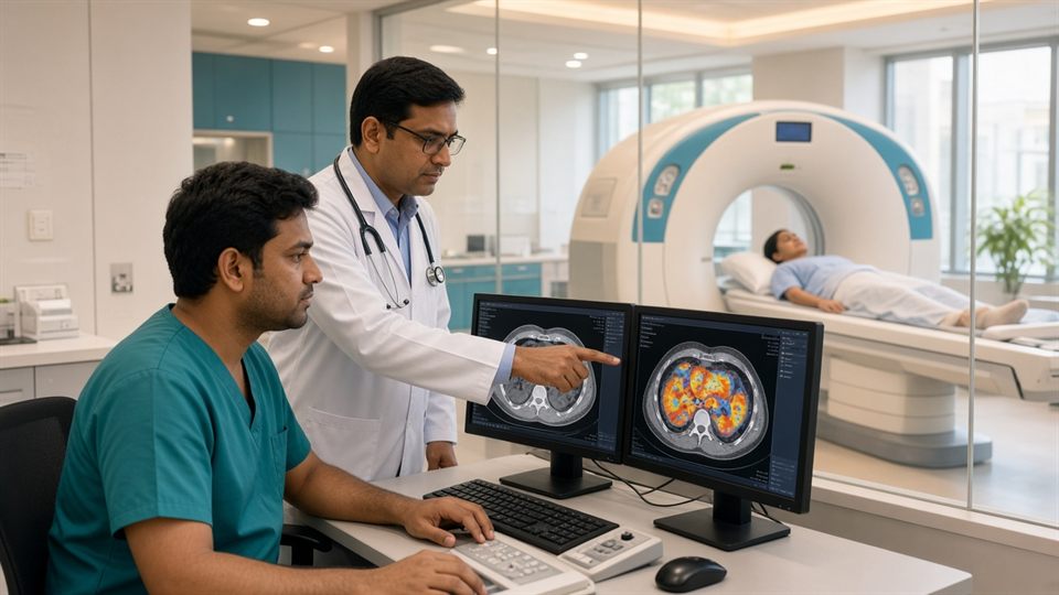 Oncologist reviewing CT scan results for cancer diagnosis