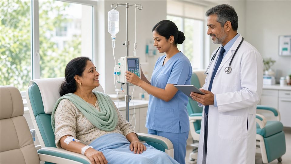 Oncologist and nurse with a patient receiving chemotherapy at a ZenHeal day-care unit