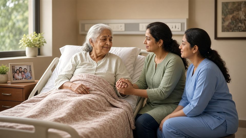 Palliative care nurse and family member comforting an elderly patient