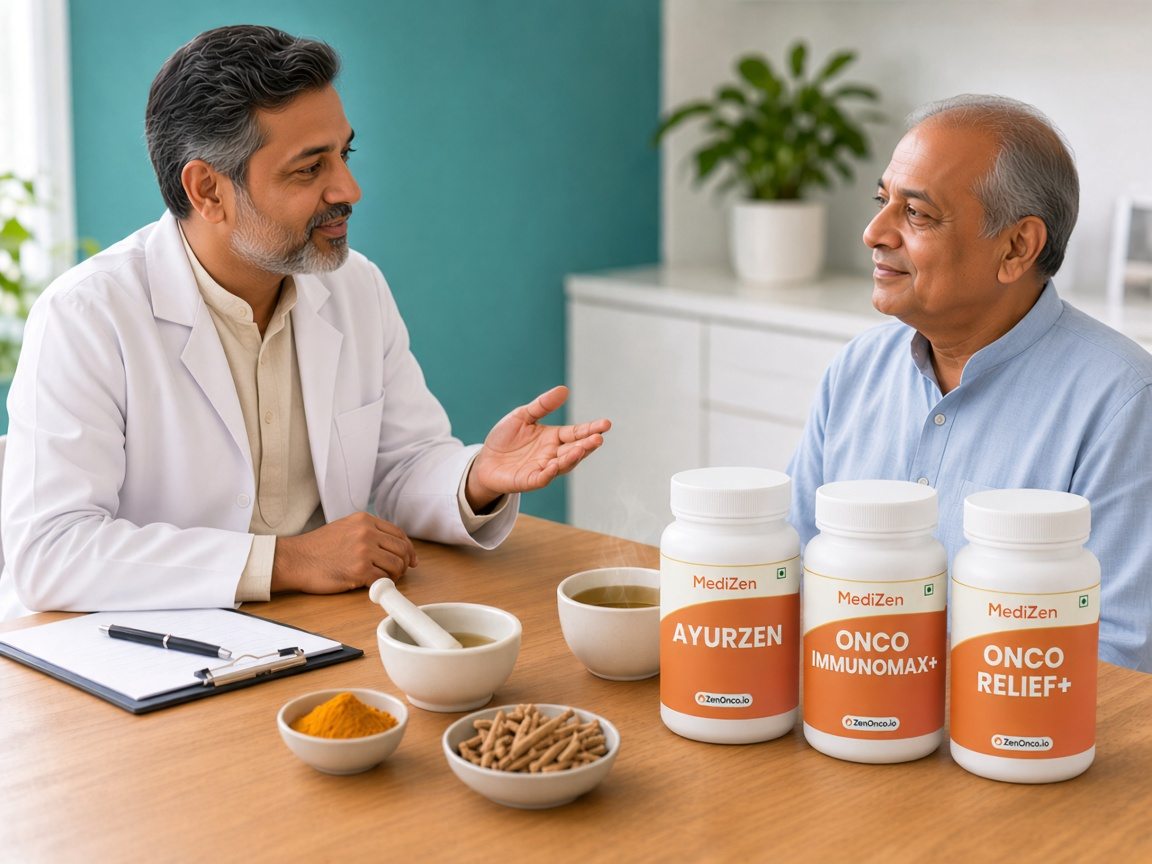 Ayurveda doctor consulting a cancer patient, with ZenOnco MediZen AyurZen, Onco ImmunoMax+ and Onco Relief+ medicines on the table