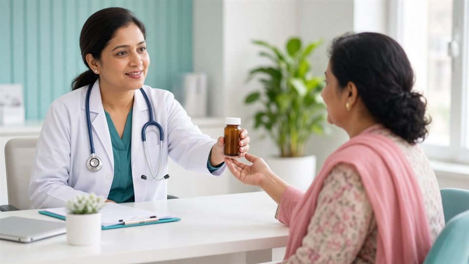 Oncologist handing hormone therapy medicine to a patient during consultation