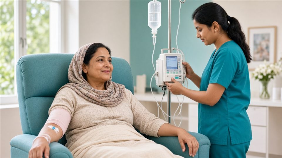 Nurse monitoring an immunotherapy infusion for a patient in a day-care chair