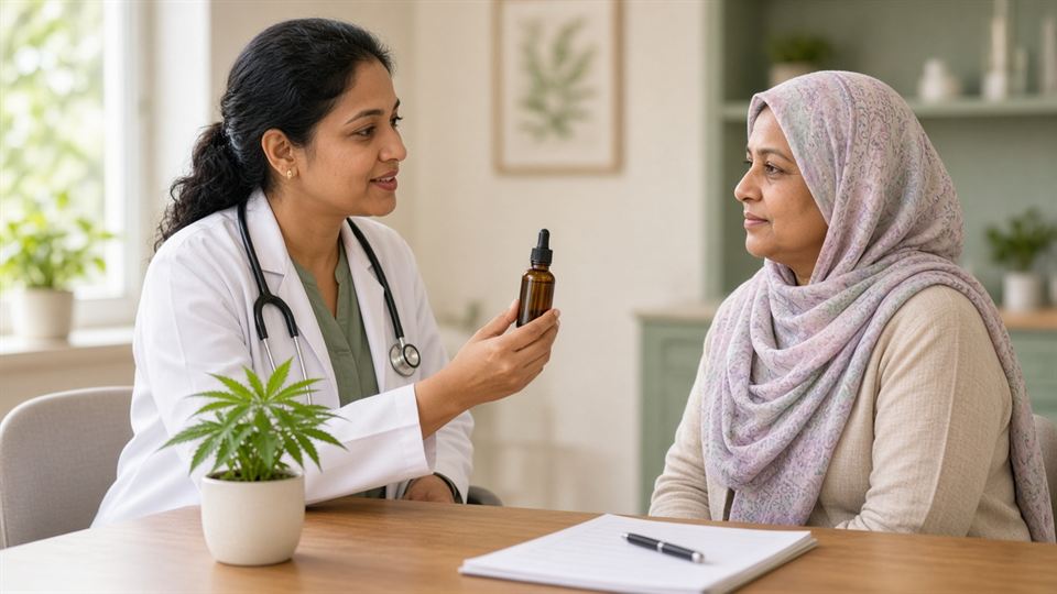 Doctor explaining medical cannabis oil to a cancer patient