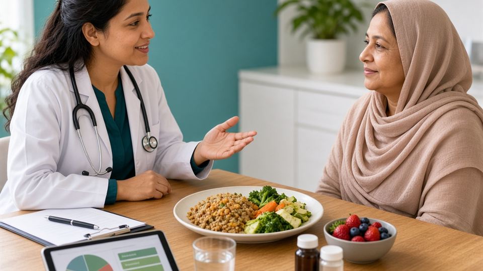 Onco-nutritionist explaining a personalised diet plan to a patient