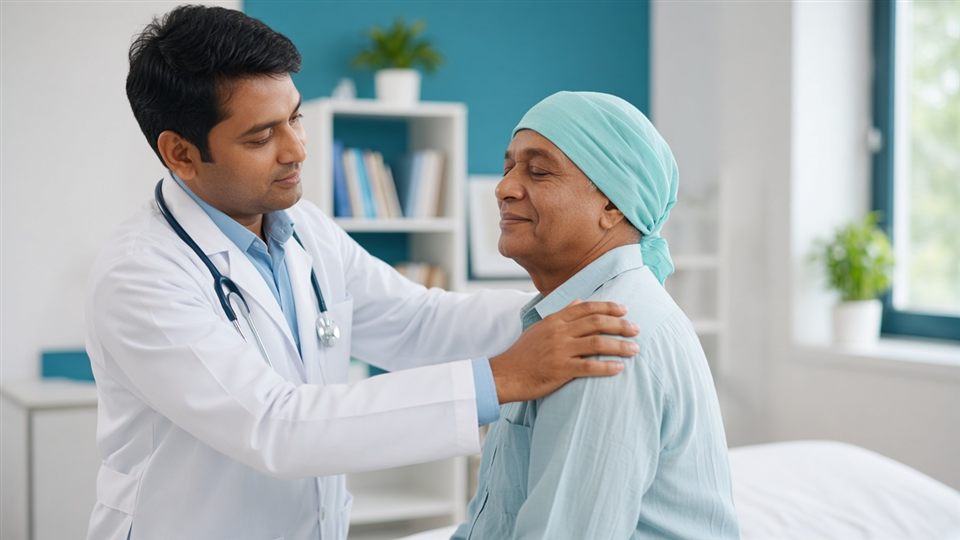 Doctor assessing shoulder pain in a cancer patient
