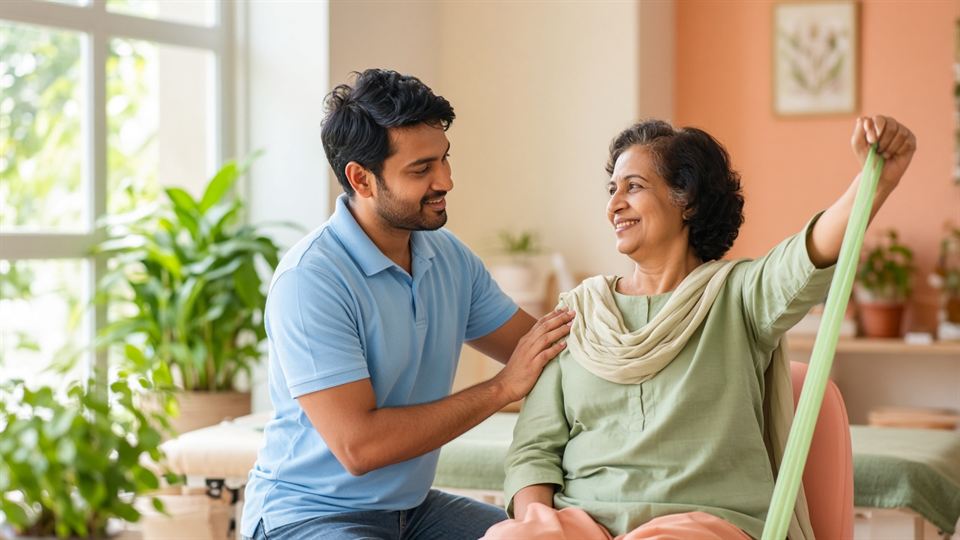 Physiotherapist guiding a cancer survivor through a resistance band exercise