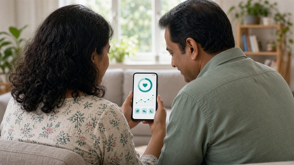 Couple looking at the ZenOnco self care app on a smartphone together at home