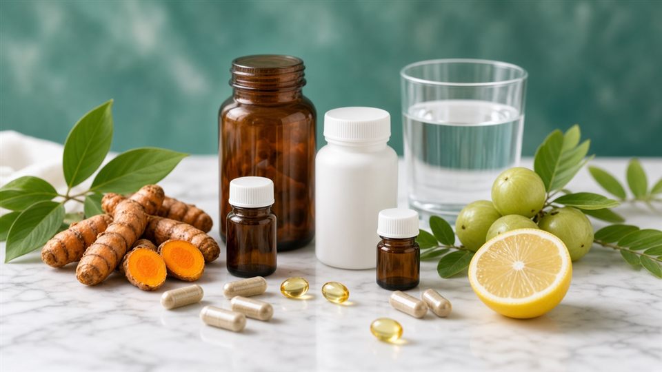 Supplement bottles and capsules with turmeric and amla