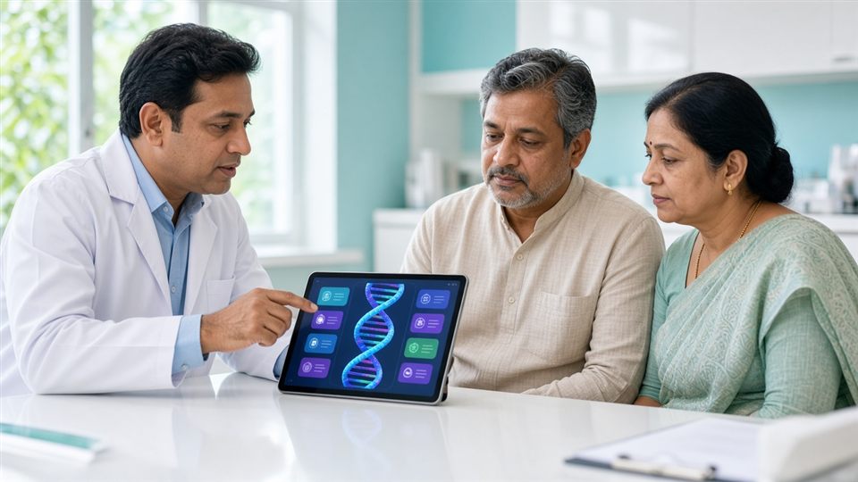 Oncologist explaining genomic test results to a patient and his wife
